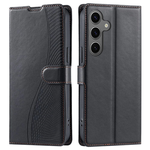 For Samsung Galaxy S24 Case Dots Imprinted PU Leather Flip Phone Cover with Card Slot, Strap - Black - 1