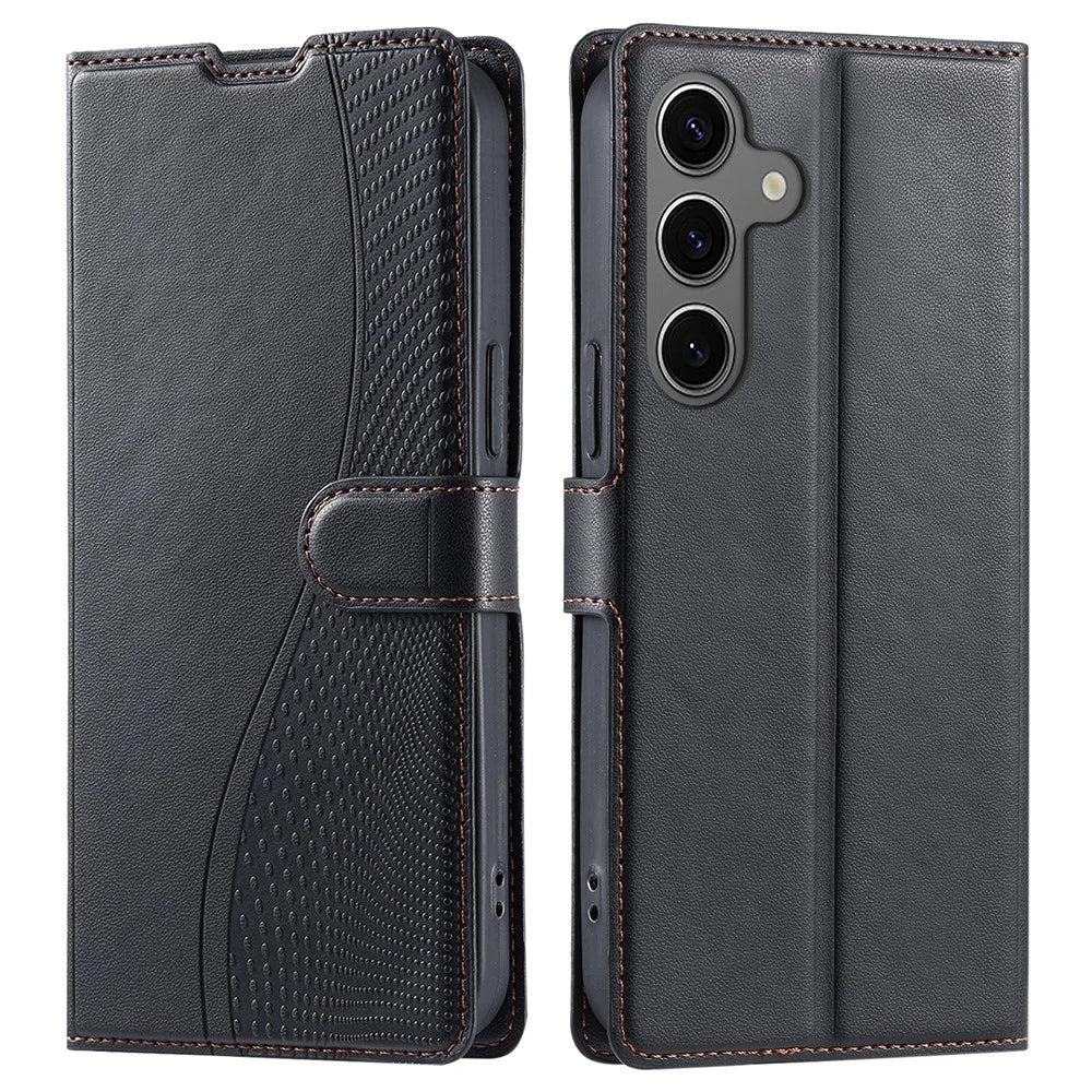For Samsung Galaxy S24+ Case Dots Imprinted PU Leather Flip Phone Cover with Card Slot, Strap - Black - 1