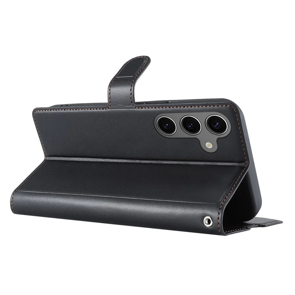 For Samsung Galaxy S24+ Case Dots Imprinted PU Leather Flip Phone Cover with Card Slot, Strap - Black - 4