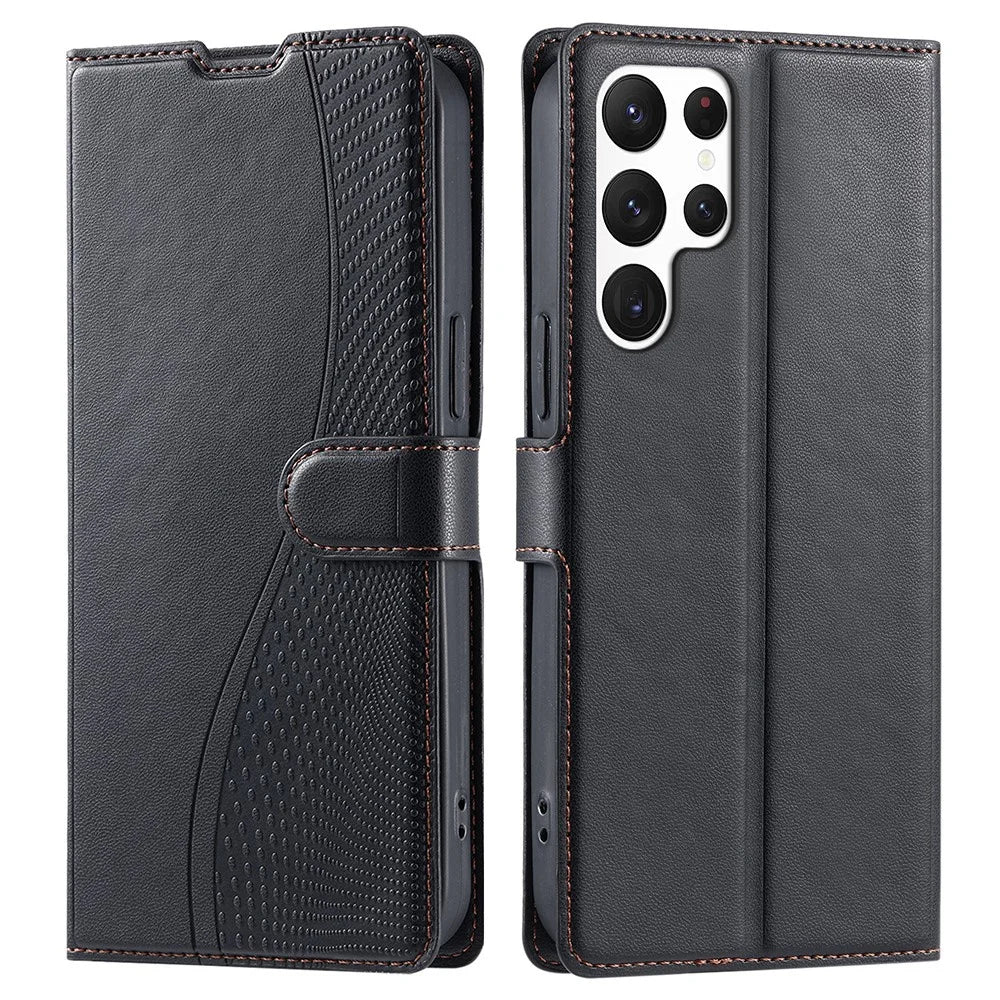 For Samsung Galaxy S23 Ultra Case Dots Imprinted PU Leather Flip Phone Cover with Card Slot, Strap - Black - 1