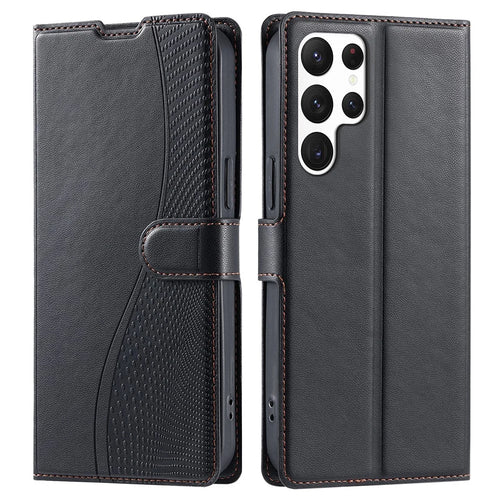 For Samsung Galaxy S23 Ultra Case Dots Imprinted PU Leather Flip Phone Cover with Card Slot, Strap - Black - 1