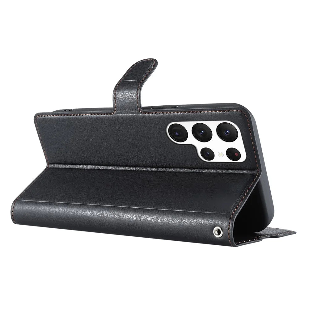 For Samsung Galaxy S23 Ultra Case Dots Imprinted PU Leather Flip Phone Cover with Card Slot, Strap - Black - 4