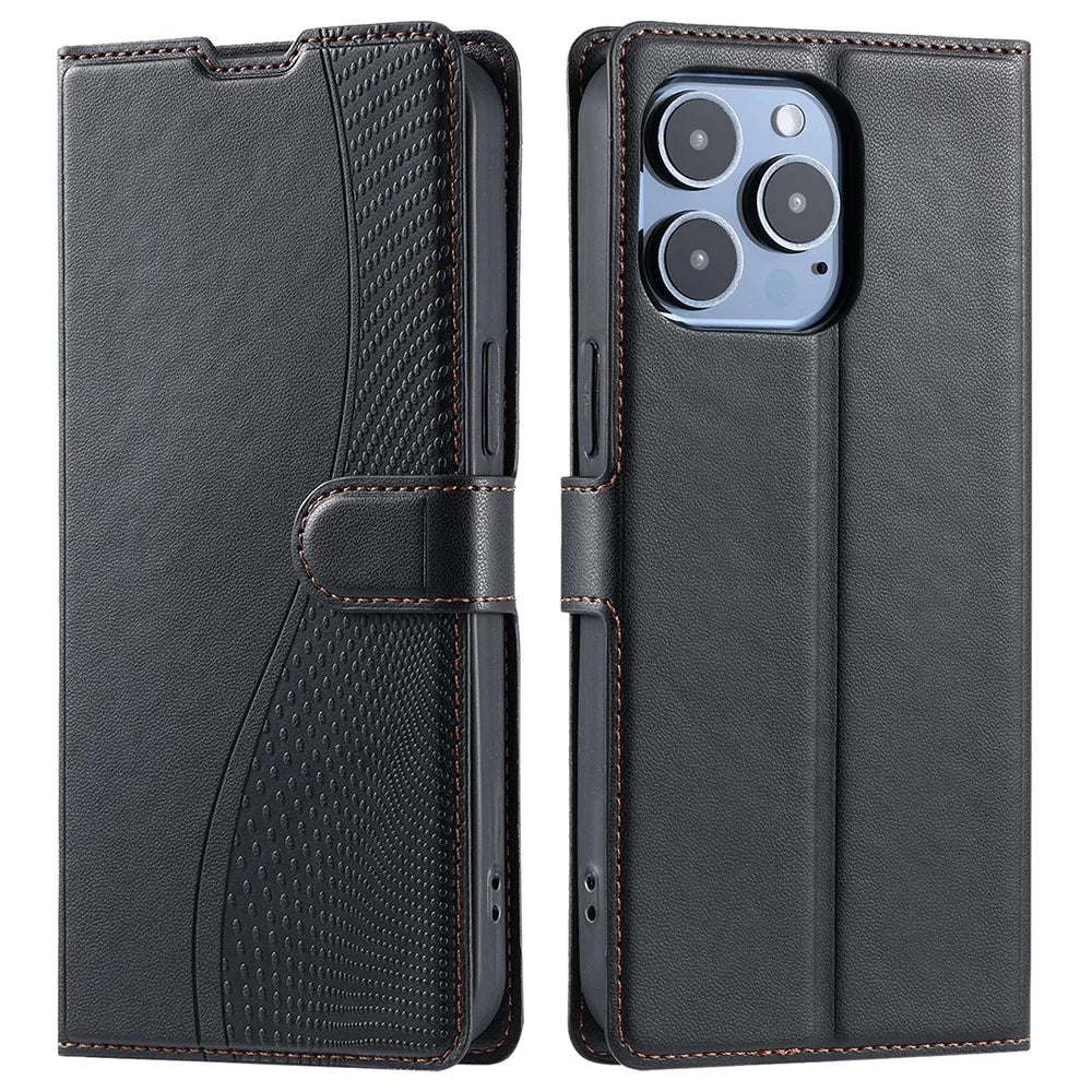 For iPhone 16 Pro Max Case Dots Imprinted PU Leather Flip Phone Cover with Card Slot, Strap - Black - 1