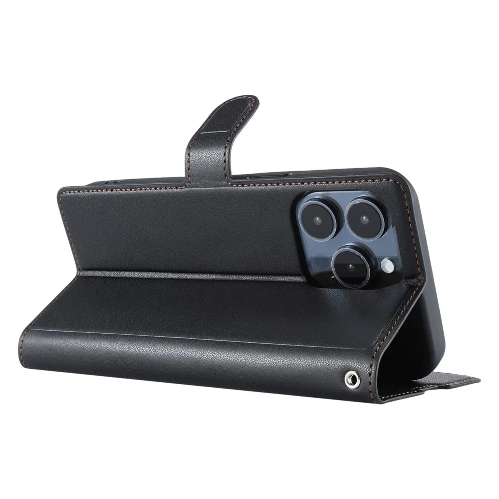 For iPhone 16 Pro Max Case Dots Imprinted PU Leather Flip Phone Cover with Card Slot, Strap - Black - 4