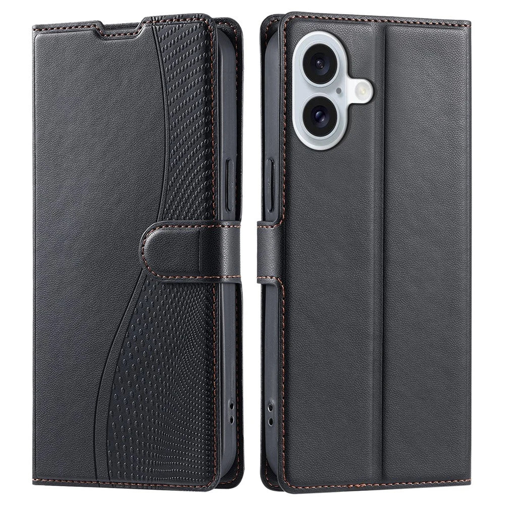 For iPhone 16 Plus Case Dots Imprinted PU Leather Flip Phone Cover with Card Slot, Strap - Black - 1