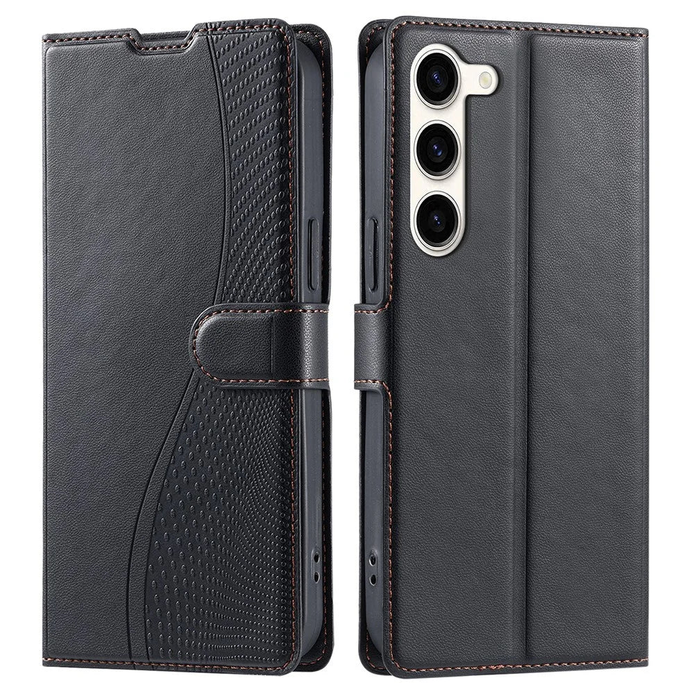 For Samsung Galaxy S23 Case Dots Imprinted PU Leather Flip Phone Cover with Card Slot, Strap - Black - 1