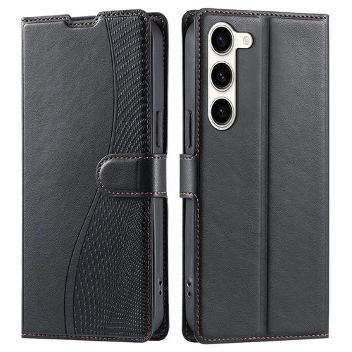For Samsung Galaxy S23 Case Dots Imprinted PU Leather Flip Phone Cover with Card Slot, Strap - Black - 1