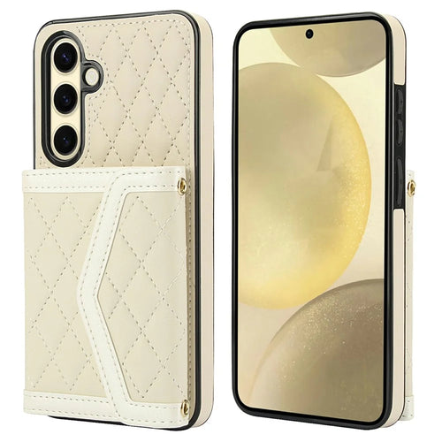 For Samsung Galaxy S24 Case Card Holders RFID Blocking PU Leather+TPU Phone Cover with Shoulder Strap - White - 1