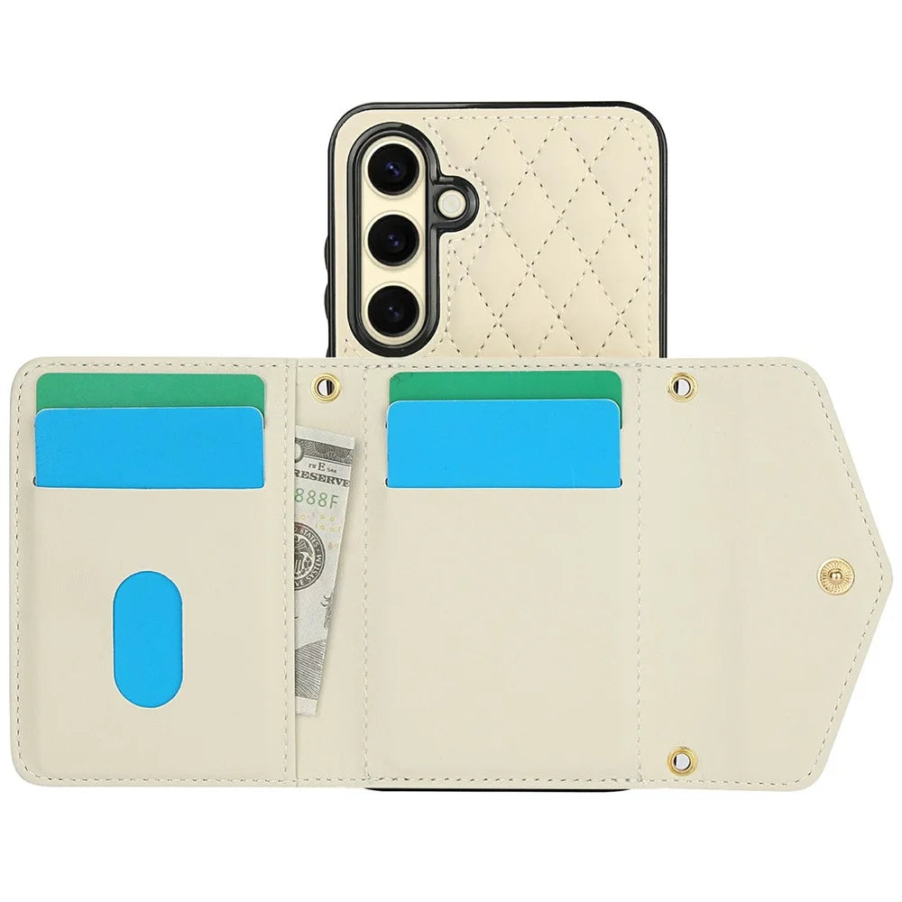 For Samsung Galaxy S24 Case Card Holders RFID Blocking PU Leather+TPU Phone Cover with Shoulder Strap - White - 2