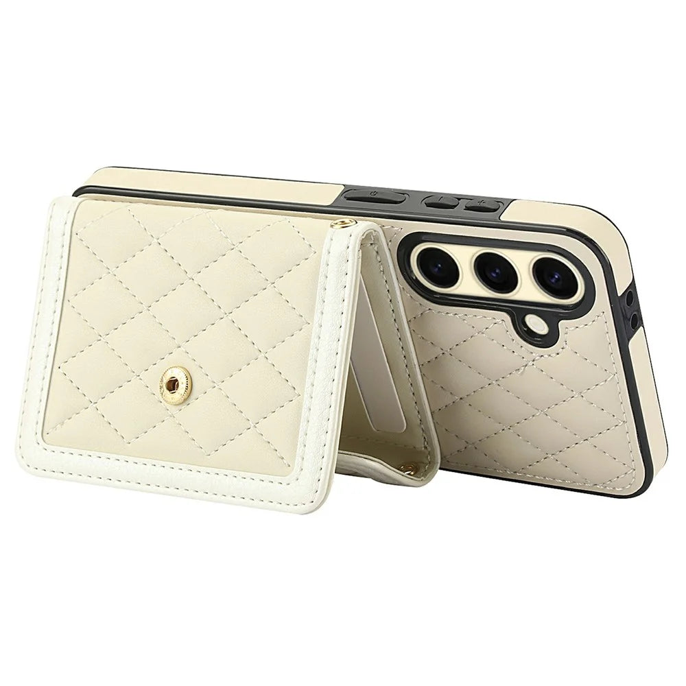 For Samsung Galaxy S24 Case Card Holders RFID Blocking PU Leather+TPU Phone Cover with Shoulder Strap - White - 3