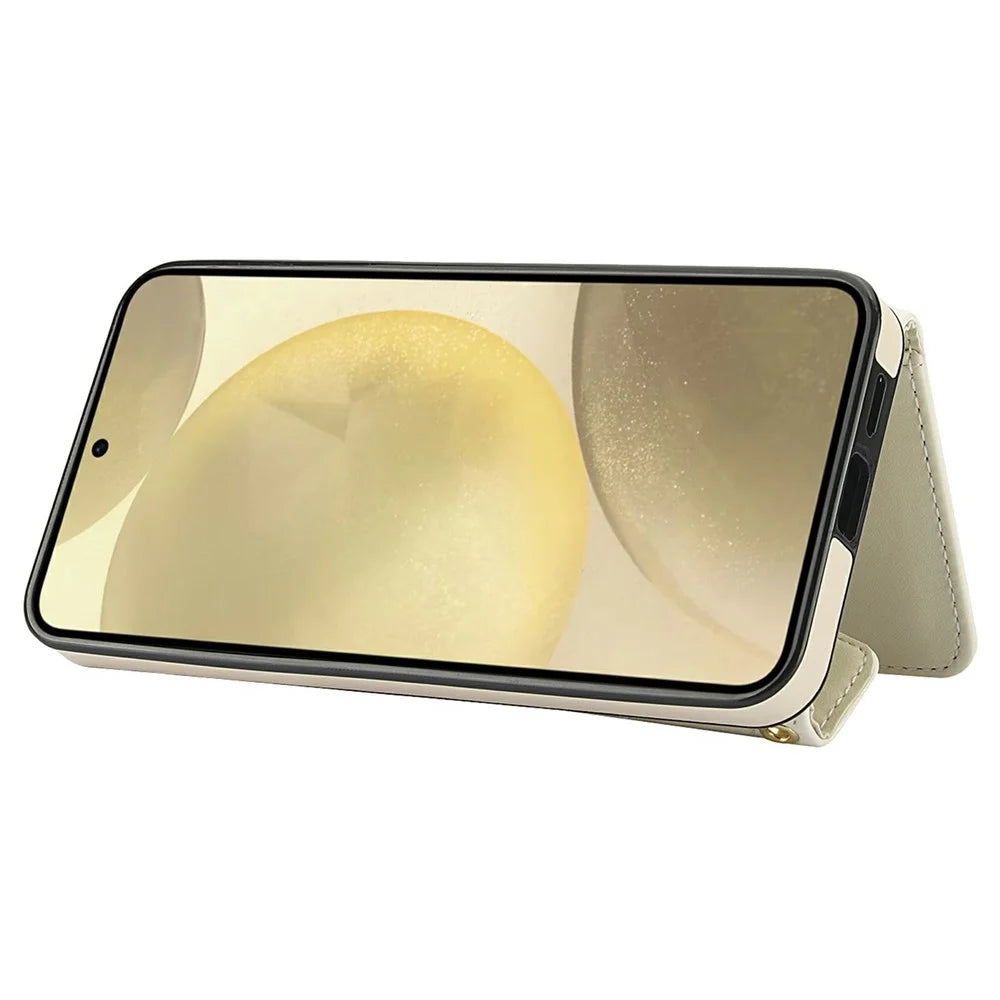 For Samsung Galaxy S24 Case Card Holders RFID Blocking PU Leather+TPU Phone Cover with Shoulder Strap - White - 4