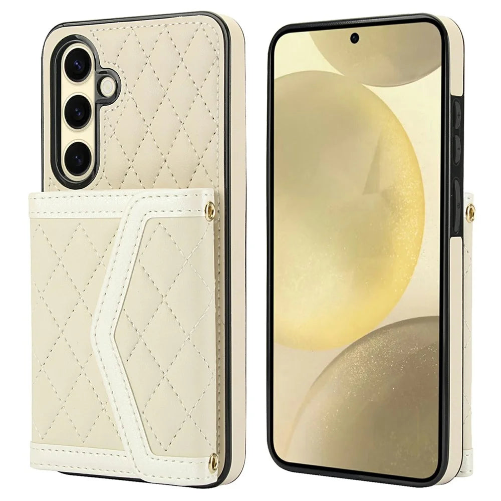 For Samsung Galaxy S24+ Case Card Holders RFID Blocking PU Leather+TPU Phone Cover with Shoulder Strap - White - 1