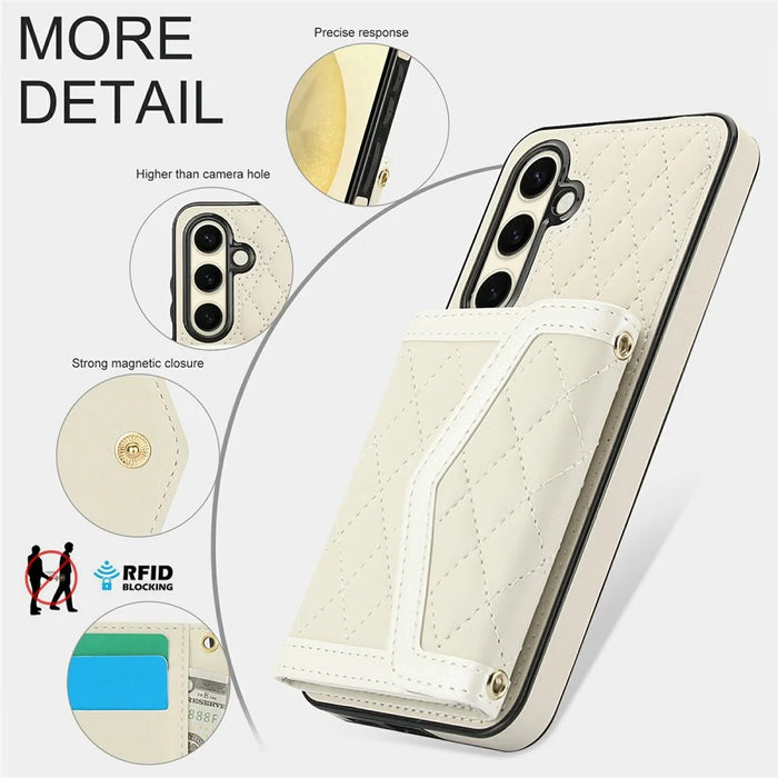 For Samsung Galaxy S24+ Case Card Holders RFID Blocking PU Leather+TPU Phone Cover with Shoulder Strap - White - 6