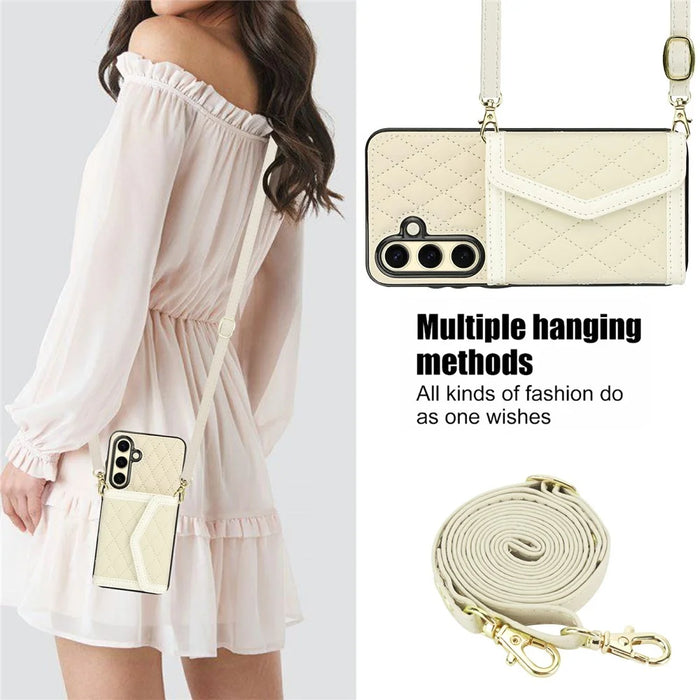 For Samsung Galaxy S23 FE Case Card Holders RFID Blocking PU Leather+TPU Phone Cover with Shoulder Strap - White - 5