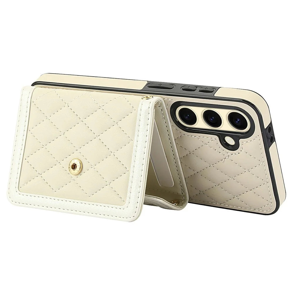For Samsung Galaxy S24 FE Case Card Holders RFID Blocking PU Leather+TPU Phone Cover with Shoulder Strap - White - 3