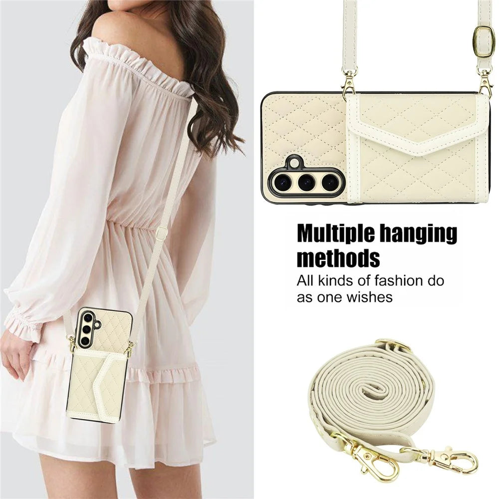 For Samsung Galaxy S24 FE Case Card Holders RFID Blocking PU Leather+TPU Phone Cover with Shoulder Strap - White - 5