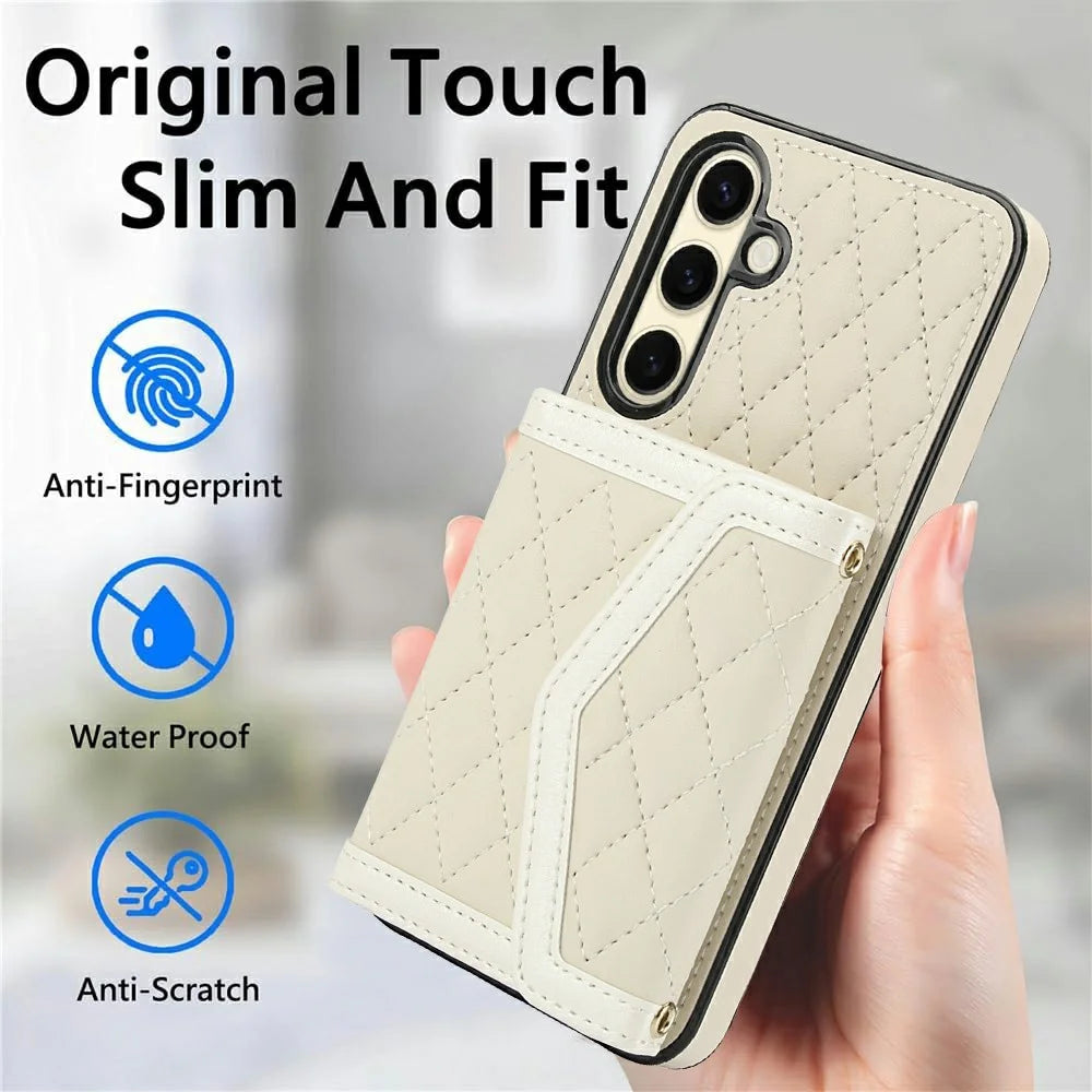 For Samsung Galaxy S24 FE Case Card Holders RFID Blocking PU Leather+TPU Phone Cover with Shoulder Strap - White - 7