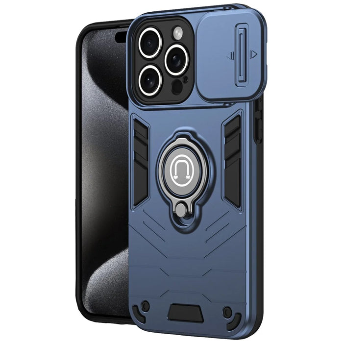 For iPhone 16 Pro Max Case Slide Camshield Kickstand PC+TPU Phone Cover - Blue - 1