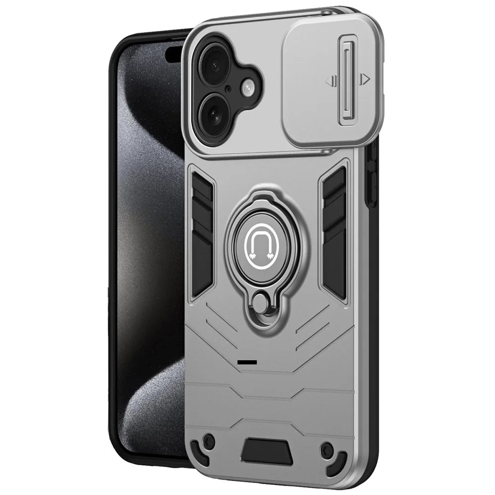 For iPhone 16 Case Slide Camshield Kickstand PC+TPU Phone Cover - Grey - 1