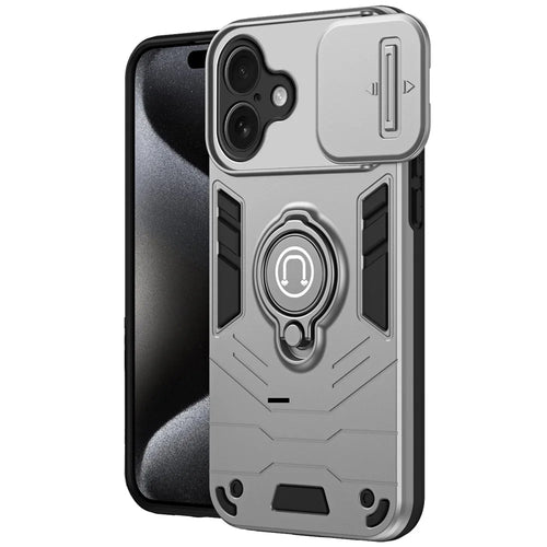 For iPhone 16 Plus Case Slide Camshield Kickstand PC+TPU Phone Cover - Grey - 1