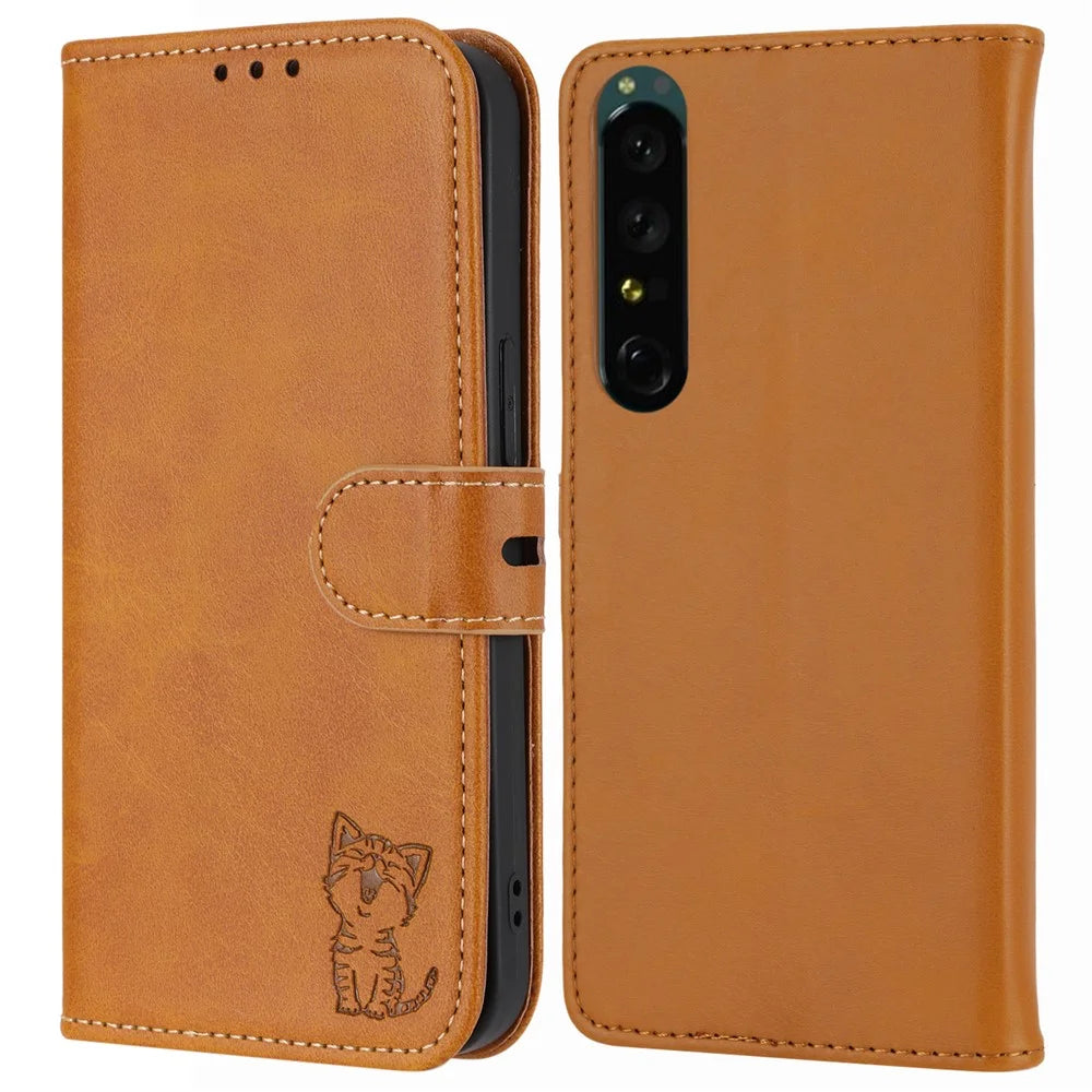 For Sony Xperia 5 IV 5G Case Happy Cat Pattern Imprinted Leather Wallet Phone Cover - Yellow - 1