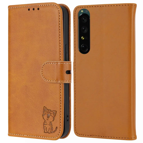 For Sony Xperia 5 IV 5G Case Happy Cat Pattern Imprinted Leather Wallet Phone Cover - Yellow - 1