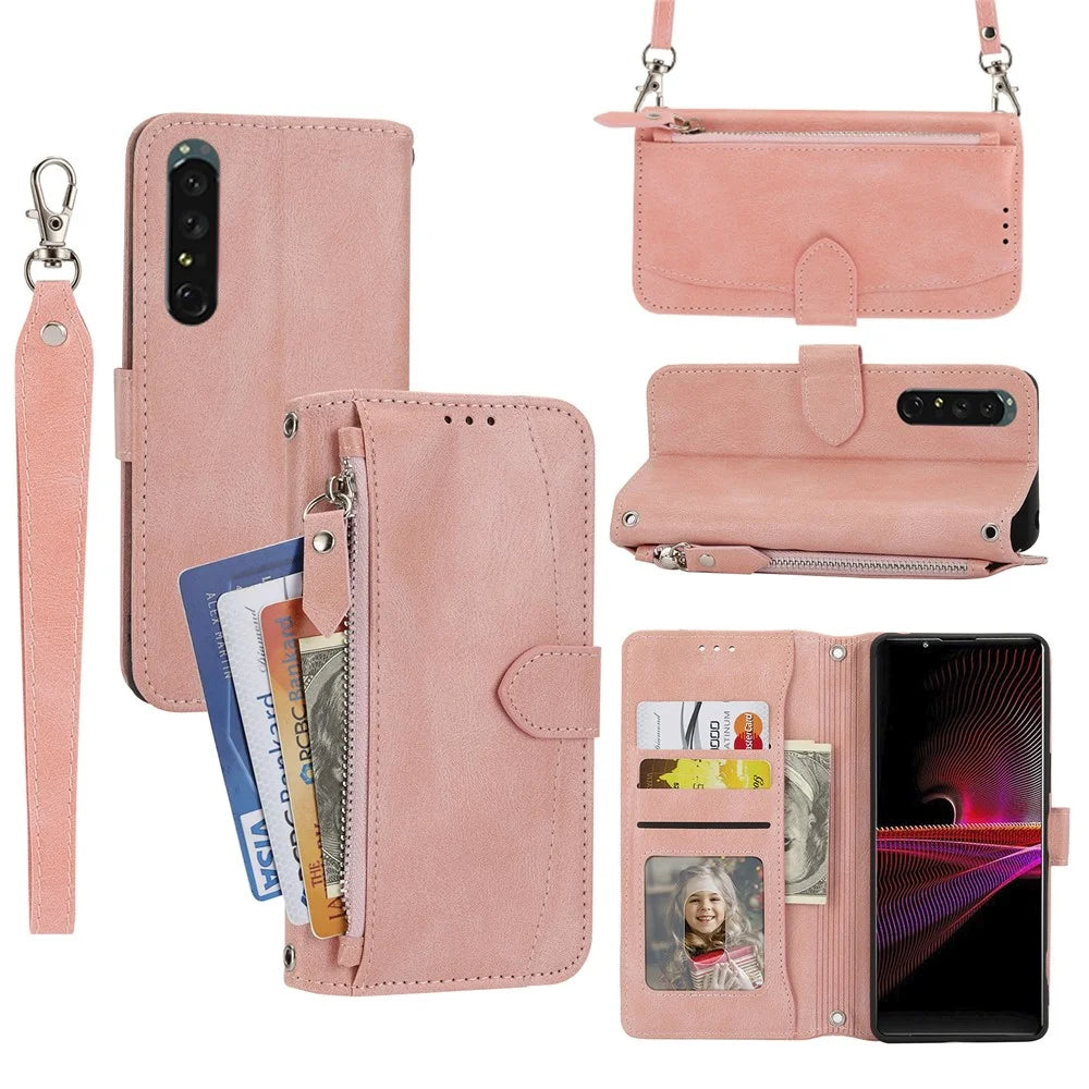 For Sony Xperia 5 IV 5G Case Zipper Pocket Leather Phone Cover with Crossbody Shoulder Strap - Pink - 1