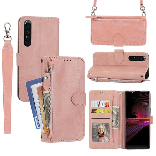 For Sony Xperia 5 IV 5G Case Zipper Pocket Leather Phone Cover with Crossbody Shoulder Strap - Pink - 1