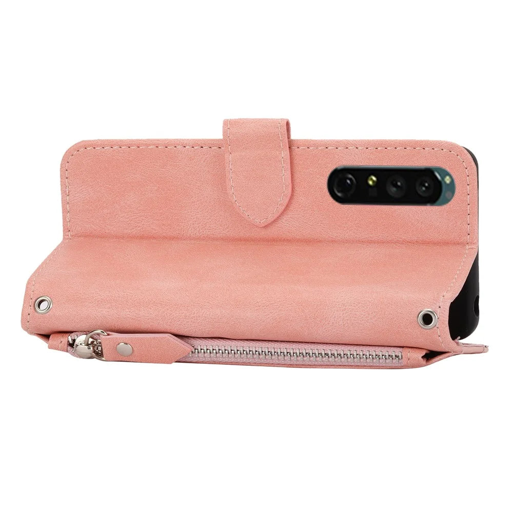 For Sony Xperia 5 IV 5G Case Zipper Pocket Leather Phone Cover with Crossbody Shoulder Strap - Pink - 4