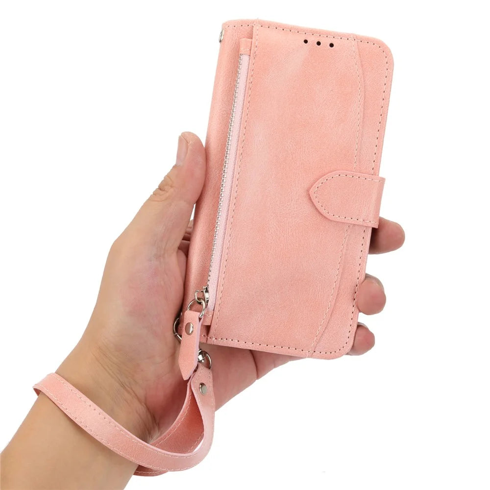 For Sony Xperia 5 IV 5G Case Zipper Pocket Leather Phone Cover with Crossbody Shoulder Strap - Pink - 5