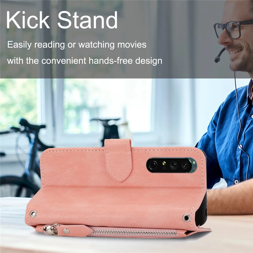 For Sony Xperia 5 IV 5G Case Zipper Pocket Leather Phone Cover with Crossbody Shoulder Strap - Pink - 6