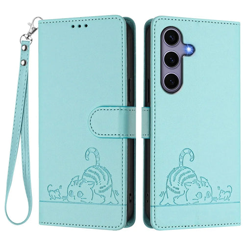 For Samsung Galaxy S25 Case with Strap RFID Blocking Leather Wallet Phone Cover Cat Mouse Pattern - Mint Green - 1