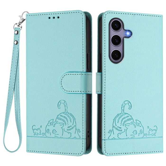 For Samsung Galaxy S25 Case with Strap RFID Blocking Leather Wallet Phone Cover Cat Mouse Pattern - Mint Green - 1