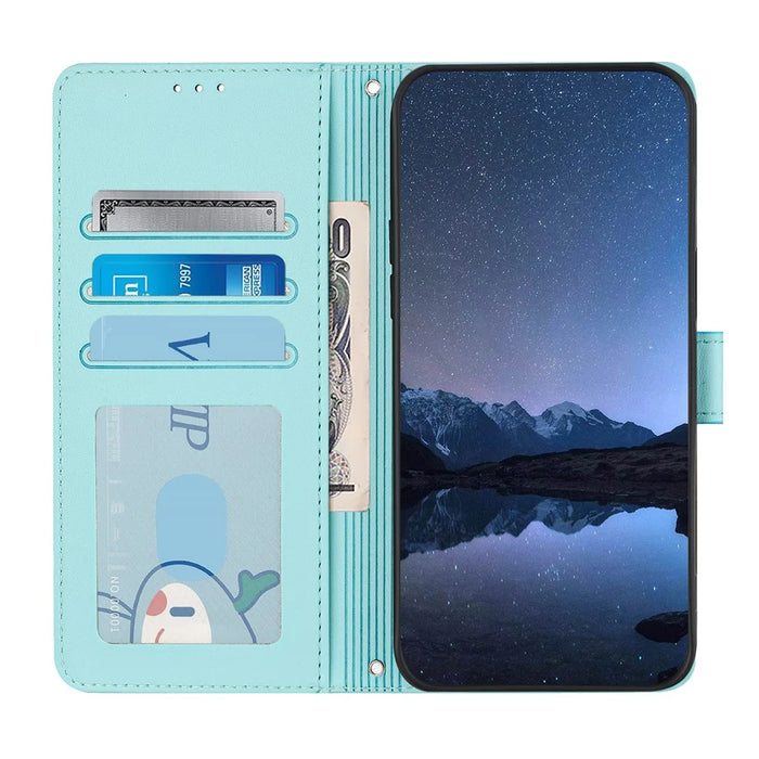 For Samsung Galaxy S25 Case with Strap RFID Blocking Leather Wallet Phone Cover Cat Mouse Pattern - Mint Green - 2