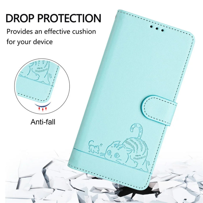 For Samsung Galaxy S25 Case with Strap RFID Blocking Leather Wallet Phone Cover Cat Mouse Pattern - Mint Green - 5