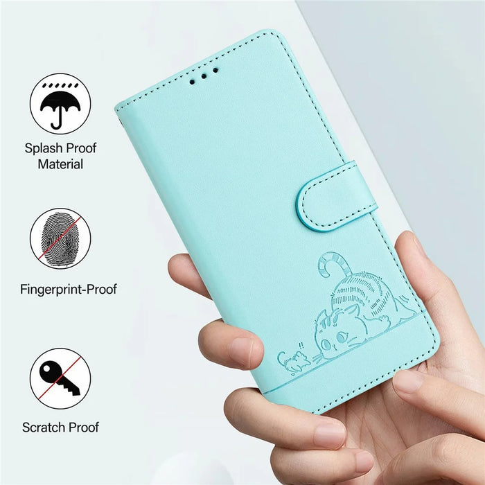 For Samsung Galaxy S25 Case with Strap RFID Blocking Leather Wallet Phone Cover Cat Mouse Pattern - Mint Green - 6