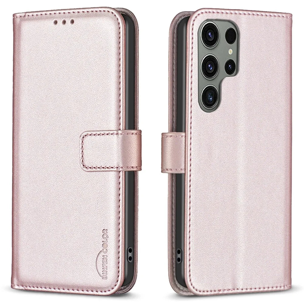 BINFEN COLOR BF17 For Samsung Galaxy S25 Ultra Case Wallet Folio Flip Leather Cover - Rose Gold - 1