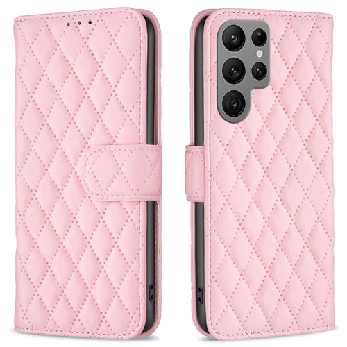 BINFEN COLOR BF Style-14 For Samsung Galaxy S25 Ultra Case Rhombus Phone Leather Cover Stand - Pink - 1