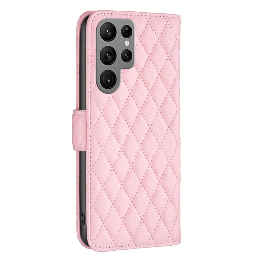 BINFEN COLOR BF Style-14 For Samsung Galaxy S25 Ultra Case Rhombus Phone Leather Cover Stand - Pink - 5