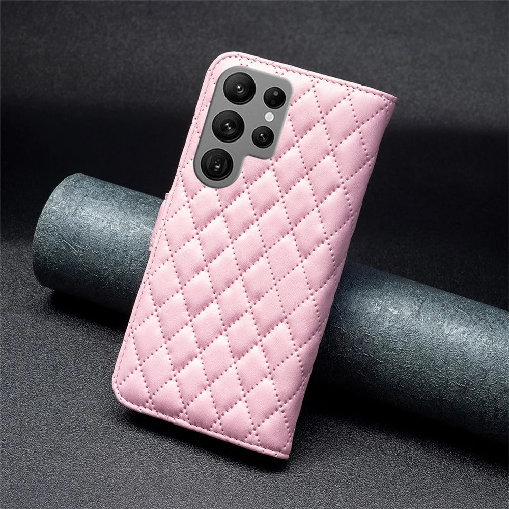 BINFEN COLOR BF Style-14 For Samsung Galaxy S25 Ultra Case Rhombus Phone Leather Cover Stand - Pink - 6