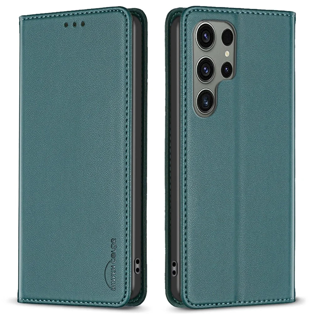 BINFEN COLOR BF18 For Samsung Galaxy S25 Ultra Leather Case Card Slots Phone Cover - Green - 1