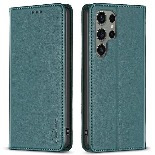 BINFEN COLOR BF18 For Samsung Galaxy S25 Ultra Leather Case Card Slots Phone Cover - Green - 1