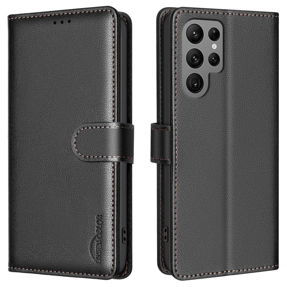 BINFEN COLOR BF32 For Samsung Galaxy S25 Ultra Leather Case Wallet RFID Blocking Phone Cover - Black - 1