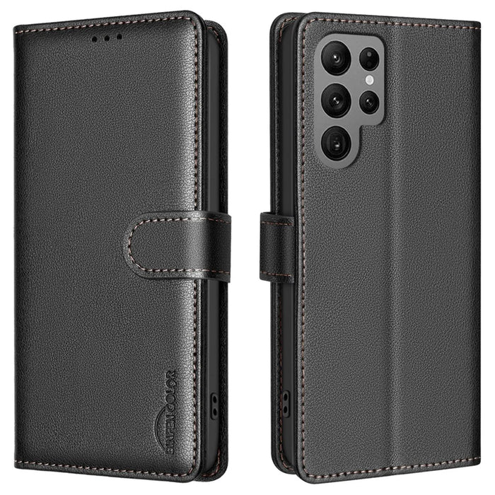 BINFEN COLOR BF32 For Samsung Galaxy S25 Ultra Leather Case Wallet RFID Blocking Phone Cover - Black - 1