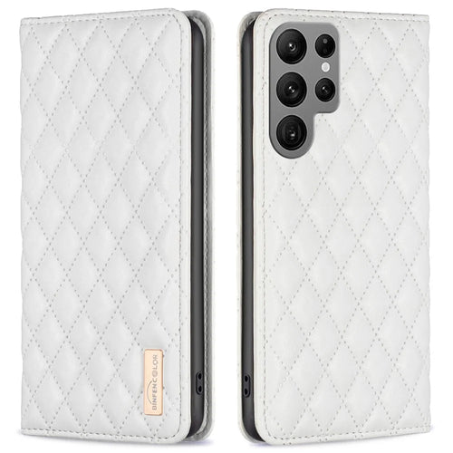 BINFEN COLOR BF Style-16 For Samsung Galaxy S25 Ultra Case Card Slots Rhombus Leather Cover - White - 1