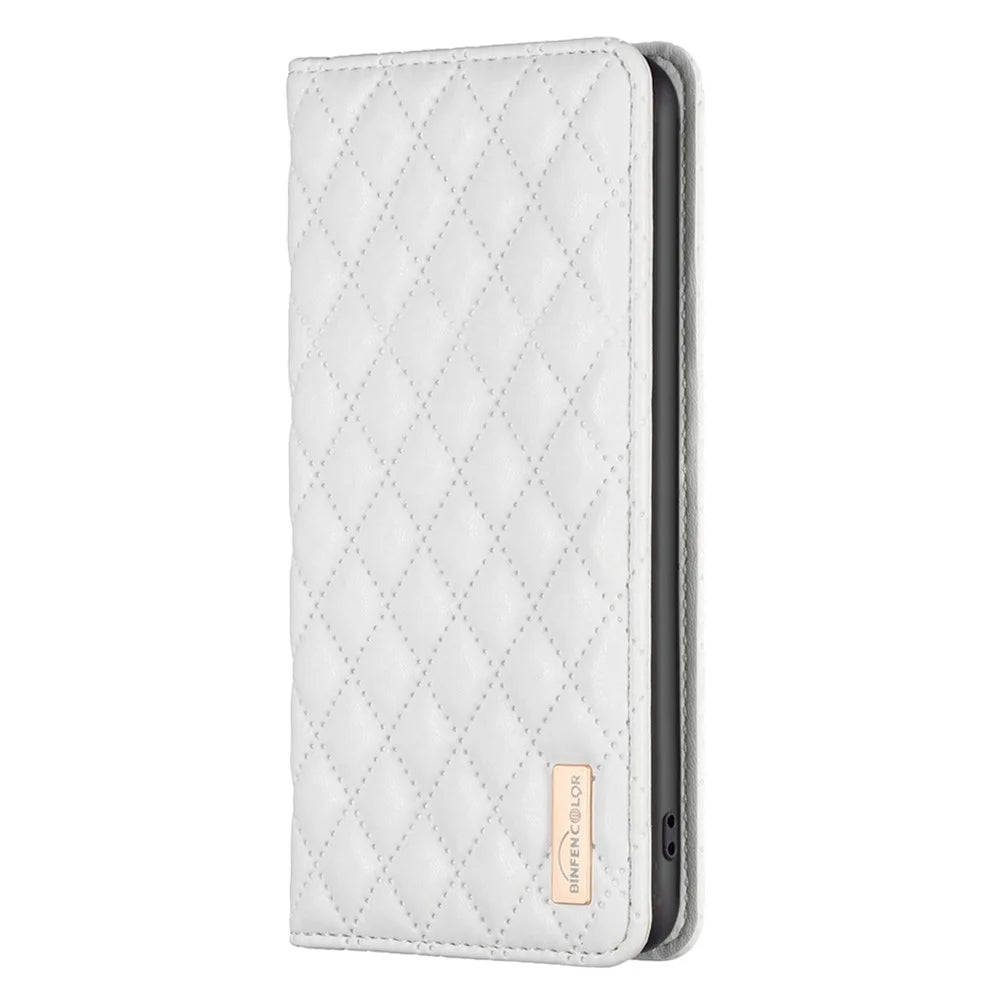 BINFEN COLOR BF Style-16 For Samsung Galaxy S25 Ultra Case Card Slots Rhombus Leather Cover - White - 6