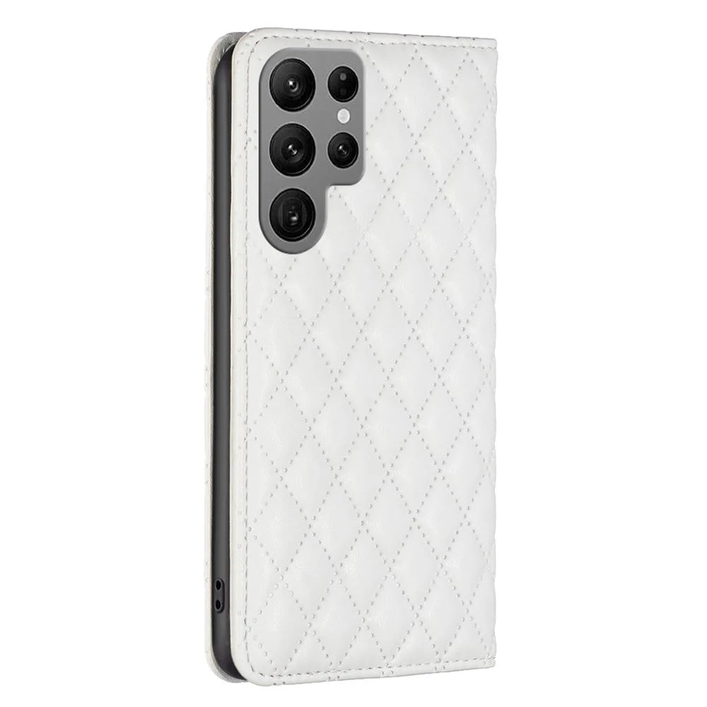 BINFEN COLOR BF Style-16 For Samsung Galaxy S25 Ultra Case Card Slots Rhombus Leather Cover - White - 7
