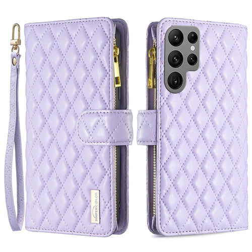 BINFEN COLOR BF Style-15 For Samsung Galaxy S25 Ultra Leather Case Zipper Pocket Rhombus Phone Cover - Purple - 1