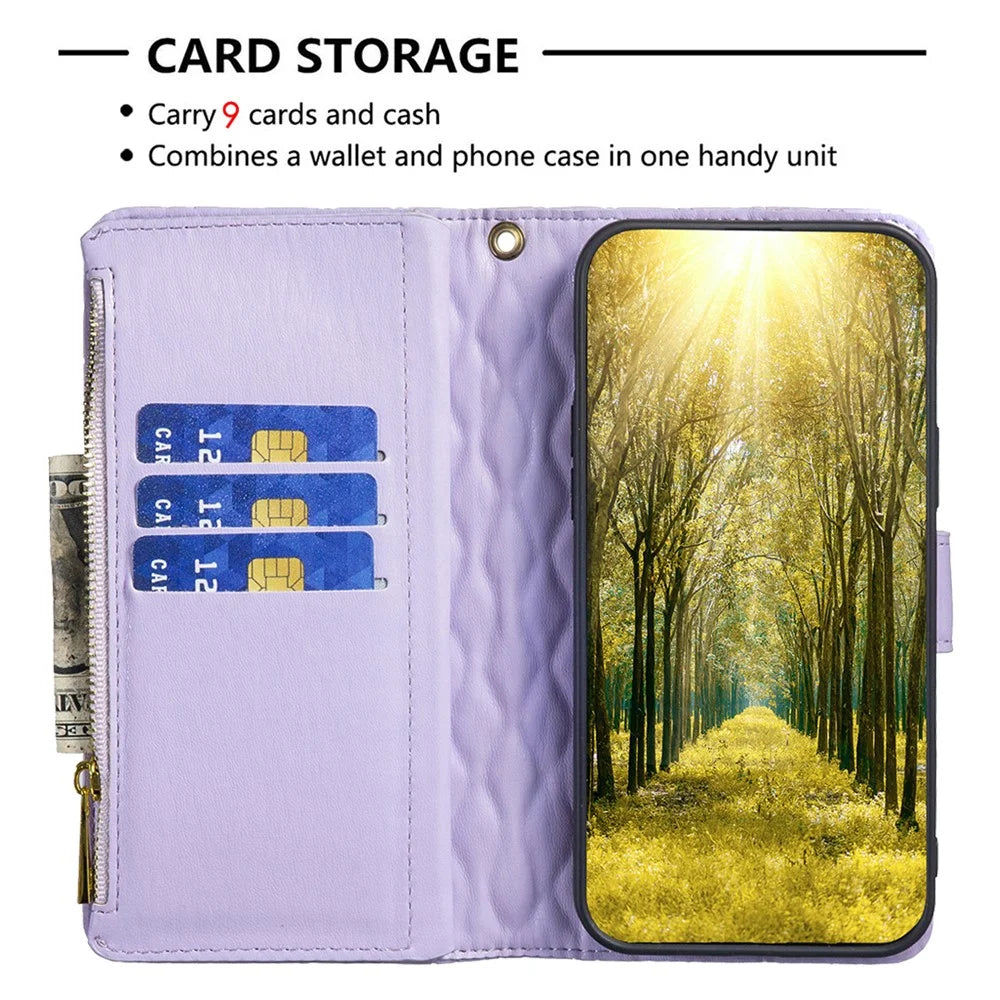 BINFEN COLOR BF Style-15 For Samsung Galaxy S25 Ultra Leather Case Zipper Pocket Rhombus Phone Cover - Purple - 3