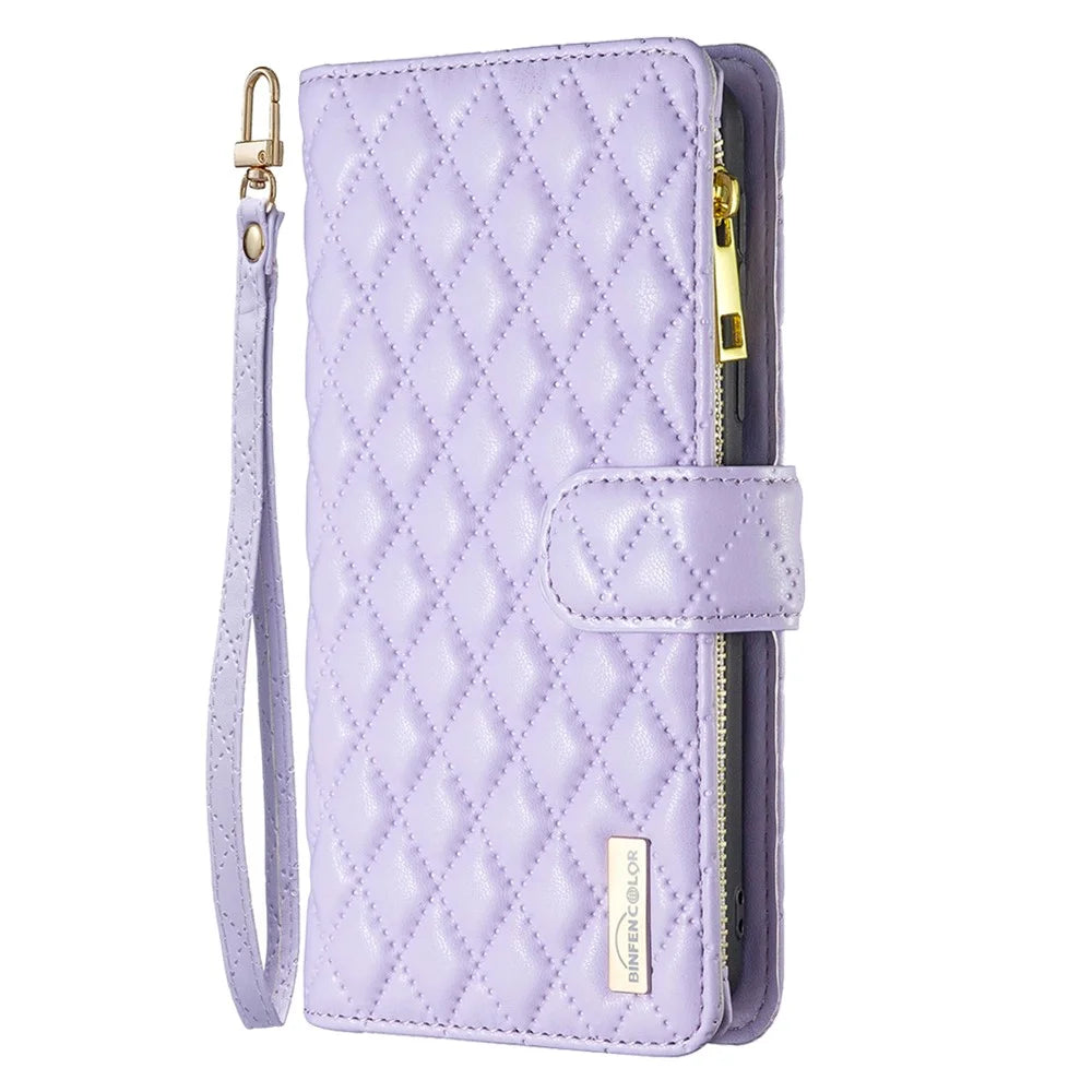 BINFEN COLOR BF Style-15 For Samsung Galaxy S25 Ultra Leather Case Zipper Pocket Rhombus Phone Cover - Purple - 5
